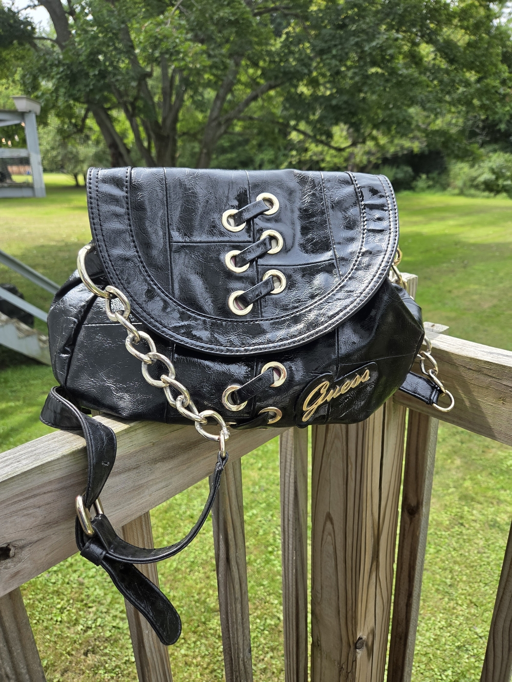 Vintage Y2K GUESS Black Leather Lace-up Corset Shoulder Bag